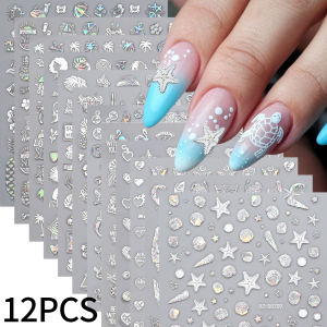 ZEEMIN  12Pcs Laser Blue Black Summer Sea Nail Stickers 3D Mermaid Shell Starfish Butterfly Press On Nails Slider Deco Shiny Nail Decals
