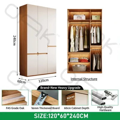 【Free installation】OAK Wardrobe Sliding Door Glossy Storage Cabinet Solid Wood Top Cabinet Organizer Cabinet