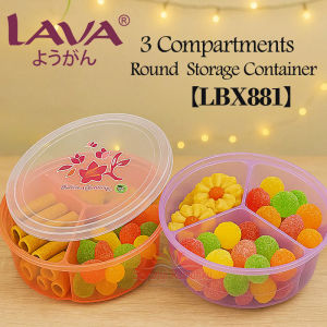 【LBX881】LAVA 3 Compartments Round Lunch Box BPA Free Food Storage Container with Lid / Kuih Raya Candy Tray Bekas Biskut