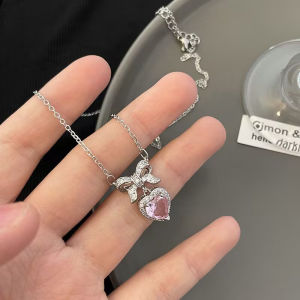 Minwen Pha Lê Zircon Bowknot Mặt Dây Chuyền Trái Tim Màu Hồng Trái Tim Phụ Nữ Cô Gái Thời Trang Thanh Lịch Xương Đòn Chuỗi Đối Với Phụ Nữ Đồ Trang Sức