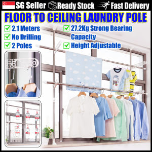 Floor to Ceiling Laundry Rack – 2 Poles Adjustable Free Standing Laundry Tension Rod Multi-functional Drying Stand for Drying or Hanging Scarfs Towels Clothes Blouses Bags and Coats Suitable in Bedroom Balcony Living Room and Bathroom