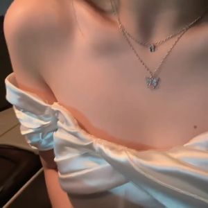 Rantai Leher 双层蝴蝶项链 Double Butterfly Necklace 女轻奢小众高级感锁骨链 满钻温柔仙气颈链 Elegant Clavicle Necklace Jewelry