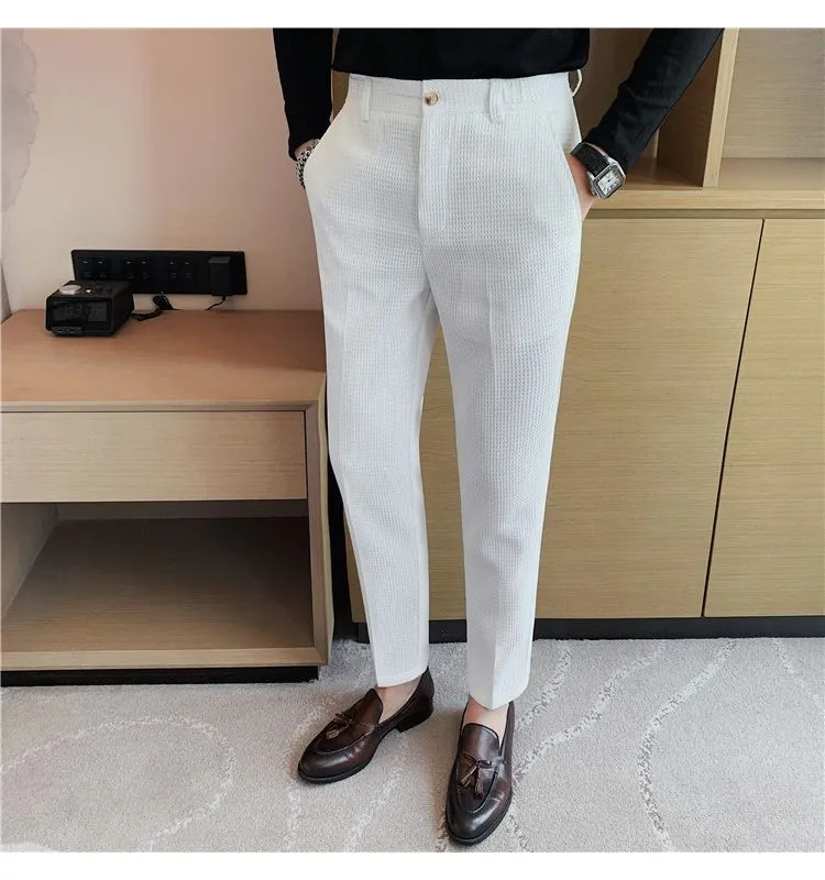 Waffle Pants for Men 2023 New Spring Summer Non-Iron Casual Solid Color  Suit Pants High Sense Ankle Tight Business Suit Men's Pants