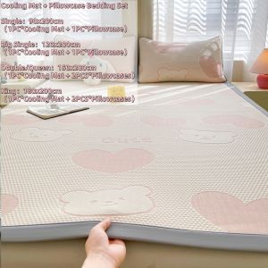 Summer Bed Mat Cooling Ice Silk Mat Folding Washable Non-slip Soft Mat With Pillowcase Sleeping Mats Skin-friendly Bedding Mattress Cover