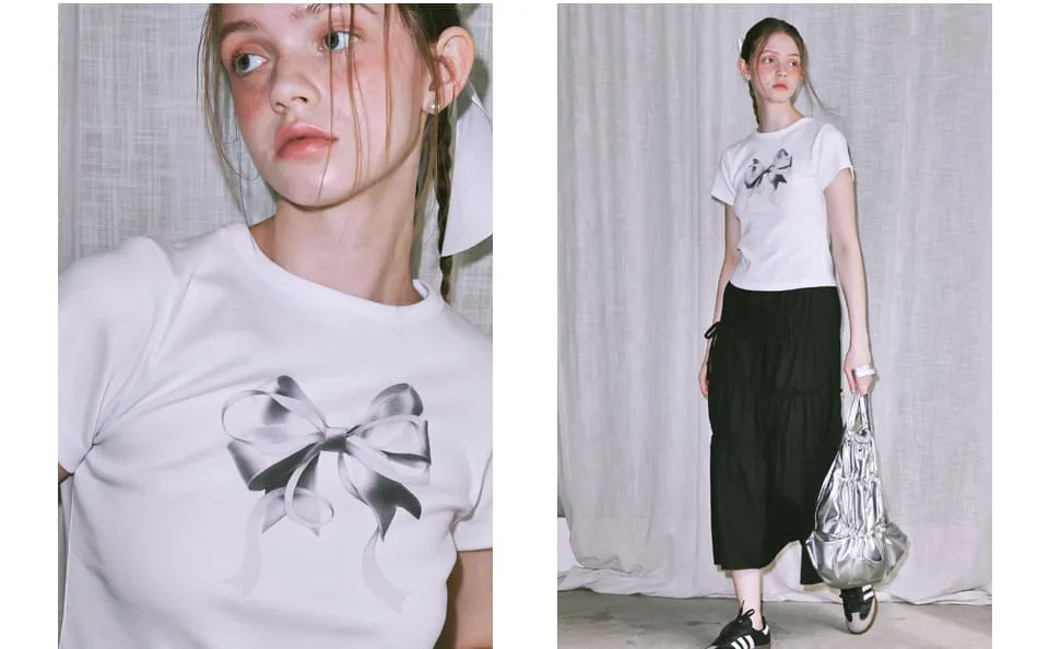 Tシャツ・カットソー RONRON CRAYON RIBBON SLIM CROP T SHIRT 4BUK497 CRAYON RIBBON SLIM CROP T SHIRT WHITE - RONRON 론론