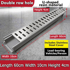 Heavy Duty U-Shape Drain Resin Drainage ChannelOutdoor Gutter Rain Grate Stainless Steel Cover