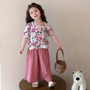 🌸 🌼👧2025ใหม่! ชุดเซ็ตเด็กหญิง ลายดอกไม้ กางเกงขาบาน+เสื้อคอเหลี่ยม ผ้าบางซัมเมอร์