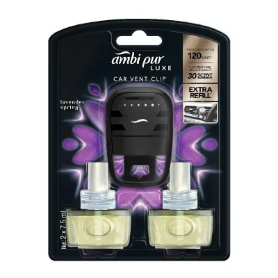 Ambi Pur Luxe Car Vent Clip Car Air Freshener 7.5ml x 2 Extra Refill Fresh Long Lasting Fragrance Eliminates Odor