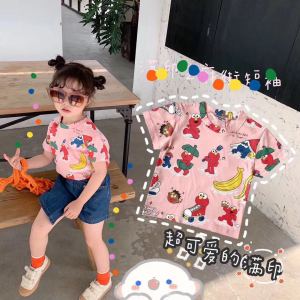 เสื้อสก๊อตฤดูร้อน 2025 นิทานใหม่ เด็ก แบบสั้น ลายคาร์ตูน SESAME STREET ผ้าใบหลวม