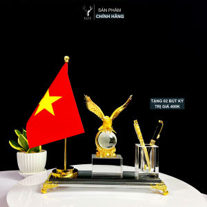 Hộp Đựng Bút Doanh Nhân Đại Bàng Cầu Xanh 1 Cờ Chất Liệu Đồng Mạ Vàng và Pha Lê K9 Cao Cấp Hộp Bút Để Bàn Quà Tặng Sếp