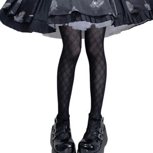 Women Lolita Black Silky Pantyhose Argyle Diamond Plaid Pattern Tights Stockings