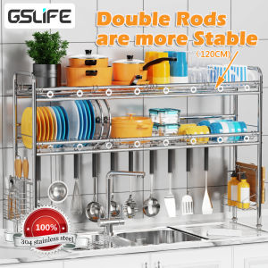 GSlife 1/2 Tiers 100/120cm Double Rods Dish Cabinet Rack Stainless Steel 304 Sink Shelf Rack Kitchen Organizer Dish Drain Storage Rack Kitchen Supplies Storage Rack with Chopstick Holder