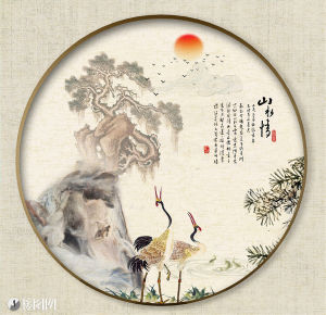 Tranh treo tường hình tròn Đôi chim hạc GLTR0919 vải canvas hoặc mica nhiều kích thước tặng kèm đinh 3 chân treo tranh