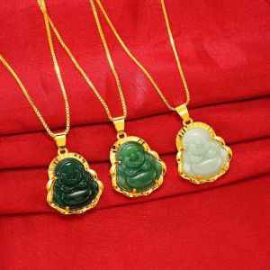 Dây chuyền mặt Phật Di Lặc bằng đồng thau mạ vàng mặt ngọc Hetian khảm vàng dành cho nữ cung cấp trực tiếp qua livestream.