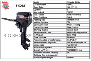 Mesin Tempel Perahu Outboard Hangkai 9.8PK 9.8HP 2 TAK STROKE Short Shaft Long Shaft
