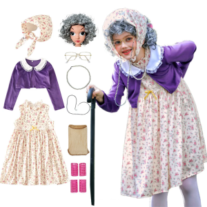 100 Day of School Cosplay Costume Set Kids Old Lady Costume Accessories Faux Pearls Necklace Glasses Crutch Floral Dress