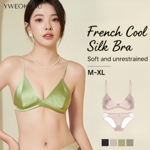 [YWEOKCAU]Satin Thin Straps Bra Panties Set Wireless French Triangle Cup Minimizer Bra Breathable Mulberry Silk Ultra-Thin Anti-Sagging Seamless ​​Underwear​​真絲內衣