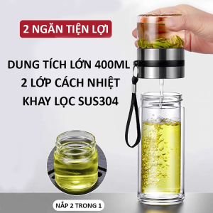 Bình Thuỷ Tinh Pha Trà Bình Giữ Nhiệt 2 Lớp Có Ngăn Lọc Trà Inox 304 Cách Nhiệt An Toàn Tiện Dụng