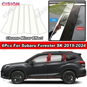 6Pcs Glossy Chrome PC Material Mirror Effect Car Door Window Center Middle B C Pillar Column Panel Post Cover Trim Sticker For Subaru Forester SK 2019 2020 2021 2022 2023 2024