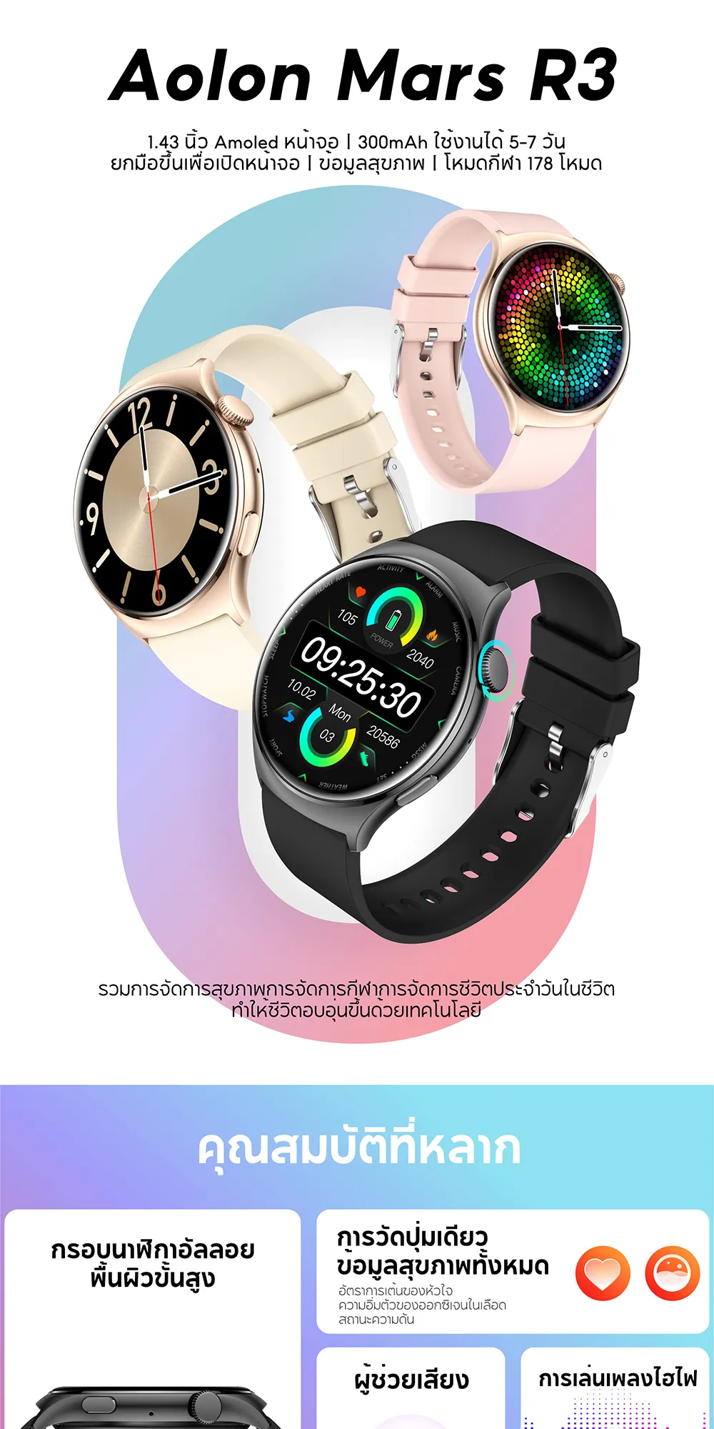 Aolon Mars R3 1.43 นิ้ว สมาร์ทวอทช์ Amoled smartwatch IP68 กันน้ำ 300mAh นาฬิกาวิ่ง ภาษาไทย smartwatch จอเล็ก