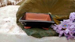 Chậu bonsai Bát Tràng chữ nhật có chân men xanh hoả biến