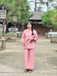 Đồ lam đi chùa nữ pháp phục đi chùa chất lụa chéo ý cao cấp Thiên Di quần áo đi chùa thêu sen D20