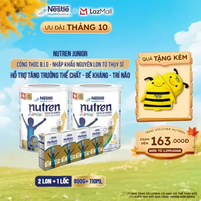 Bộ 2 Sữa Bột Dinh Dưỡng Y Học NESTLÉ NUTREN JUNIOR Xuất Xứ Thụy Sĩ Công Thức BIG Hỗ Trợ Tăng Trưởng Thể ChấtTrí NãoĐề Kháng Cho Bé 800G + 1 Lốc Sữa pha sẵn 110ML/hộp