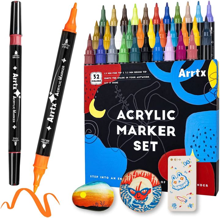 Arrtx Acrylic Paint Pens, 32 Colors Brush Tip and Fine Tip (Dual Tip) Paint Markers for Rock Painting, Water Based Acrylic Painting Supplies for Fabric Painting,Wood, Plastic, Canvas, Easter Egg