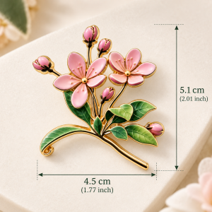 Pink Enamel Flower Brooch Floral Branch Bud Green Leaf Gold Tone Elegant Clothing Pin Fashion Accessory for Women