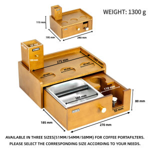 NEOUZA Multi-Functional Barista Station | Built-in Knock Box & Tamper Stand Detachable Drawer Beechwood Stainless Steel Organizer for 51/54/58mm Portafilters