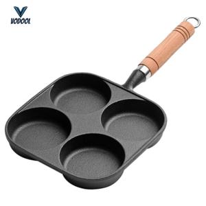 4-Hole Breakfast Burger Egg Pancake Maker Wooden Handle Non Stick Egg Frying Pan Suitable for Gas Stove Induction Cooker [Vodool Center]