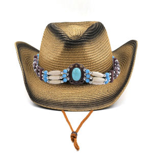 หมวกฟางสานคาวบอย สายคาดหินฟ้าใหญ่ ดีไซน์หรู ใส่แล้วเท่สะดุดตา สไตล์โบฮีเมียนตะวันตก 05-X0E+00HAT07
