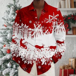 ZEEMIN Christmas Mens Shirt Autumn Long Sleeve Lapel Button Shirt Top Christmas Deer Print Gradient Color Oversized Shirts Men Clothes