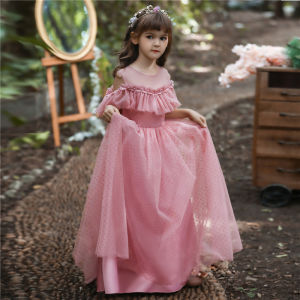 Girls Pink Princess Party Dress – Kids Girl Polka Dot Lace Tulle Long Gown for Birthday School Events & Evening Wear (4-14 Years)