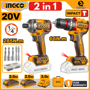 INGCO 20V 2-IN-1 CORDLESS IMPACT DRIVER & IMPACT DRILL COMBO KIT | BRUSHLESS MOTOR | CKLI20277