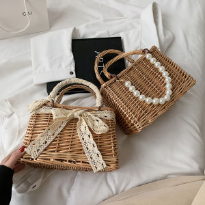 Zeemin Vintage Lace Straw Purses Handbags 2022 Women Summer Rattan Handmade Tote Bags Ladies Ribbons Beach Basket Bag Pearl Beads Bags