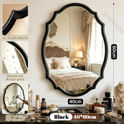 French Retro Bathroom Mirror Shaped Bathroom Mirror Wall Mounted Decorative Mirror Makeup Mirror Black Walnut Color