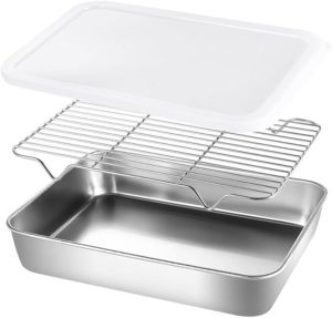 Baking Sheet With Wire Rack And Cover Set Stainless Steel Baking Tray Rust & Warp Resistant & Easy Clean Baking Pan For Oven Cooking Cookie Sheet(23x17x5cm)