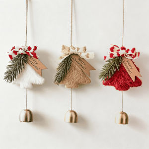 Plush Christmas Tree Bell Ornament Set 3Pcs Bow Pendant Hanging Decor For Home Car Door