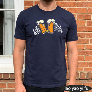 [Local Stock] HBESTY  Skeleton Hands Cheers Beer Graphic Navy Tee Drinking Party Men Top Funny Alcohol Lover T-Shirt Halloween Humor Shirt