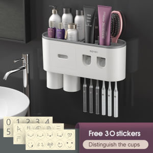 Wall-mounted toothbrush holder with 2 toothpaste dispenser punch-free bathroom storage for home waterproof accessories