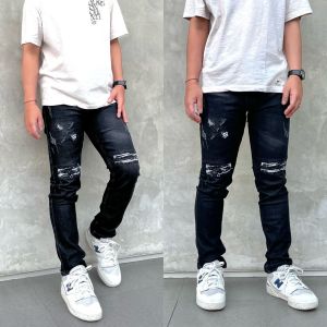 Celana Jeans Panjang Pria Sobek Ripped Puring Black Letro Motif EXEX Slimfit Stretch Best Seller