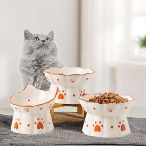 ER52858 ป้องกันการอาเจียน ชามอาหารแมว เซรามิกส์ ตัวป้องกันคอ เครื่องให้อาหารสัตว์เลี้ยงกินสูง ใช้งานได้จริง อุปกรณ์เสริมสำหรับสัตว์เลี้ยง ชามใส่น้ำของว่างสำหรับสุนัข ในร่ม