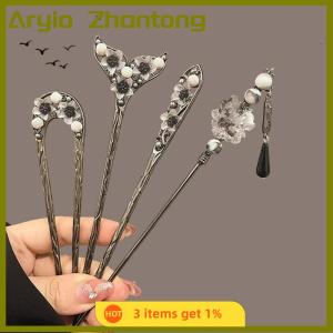 Aryio Retro Chinese Style Flower Hairpin Ink Colored Flower Tassel Hair Stick For Women Elegant Ponytail Holder Jewelry Hair Accessory