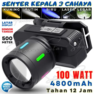 100 Watt Senter Kepala 3 Warna Cahaya Putih Kuning Biru / Sensor Tangan / Teleskop / 100 Watt / 1800mAh / Tahan 8 Jam / Headlamp ZXT-1832-3 Premium | FSS