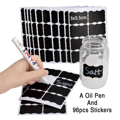 【COD&Ready Stock】96pcs/set Waterproof Chalkboard Kitchen Spice Label Stickers Home Jam Jar Bottle Tags Blackboard Labels Stickers With Marker Pen