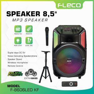 FLECO F-8606 LED KF Speaker Bluetooth Portabel 8.5 Inch dengan Karaoke Wireless dan Mikrofon - Hitam