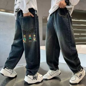 Kids Boys Casual Straight Wide-Leg Elastic Waist Denim Jeans Pants With Real Pockets Graphic Print