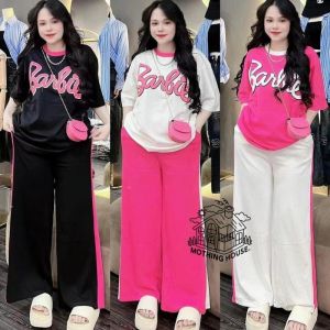 TERNO FOR WOMEN KOREAN LOOSE CONTRASTING LETTER TOP + CASUAL WIDE LEG PANTS TWO-PIECE SET PLUS SIZE