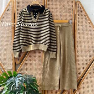 Oneset Paula Sweater Rajut Berkerah Polo Motif Stripe Setelan Celana Kulot Premium Wanita Lengan Panjang Kekinian
